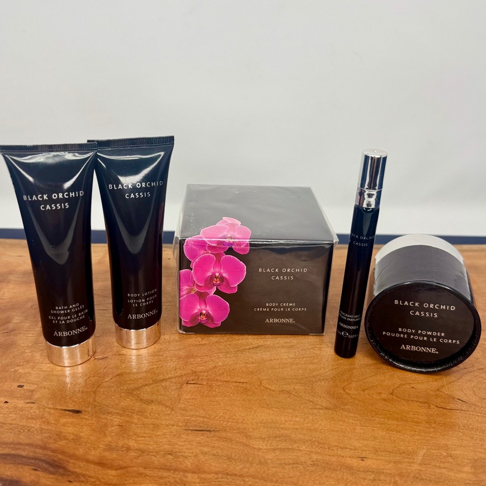 New Arbonne Black Orchid Cassis Set Body Creme, Powder, Mist, Shower Gel, Lotion